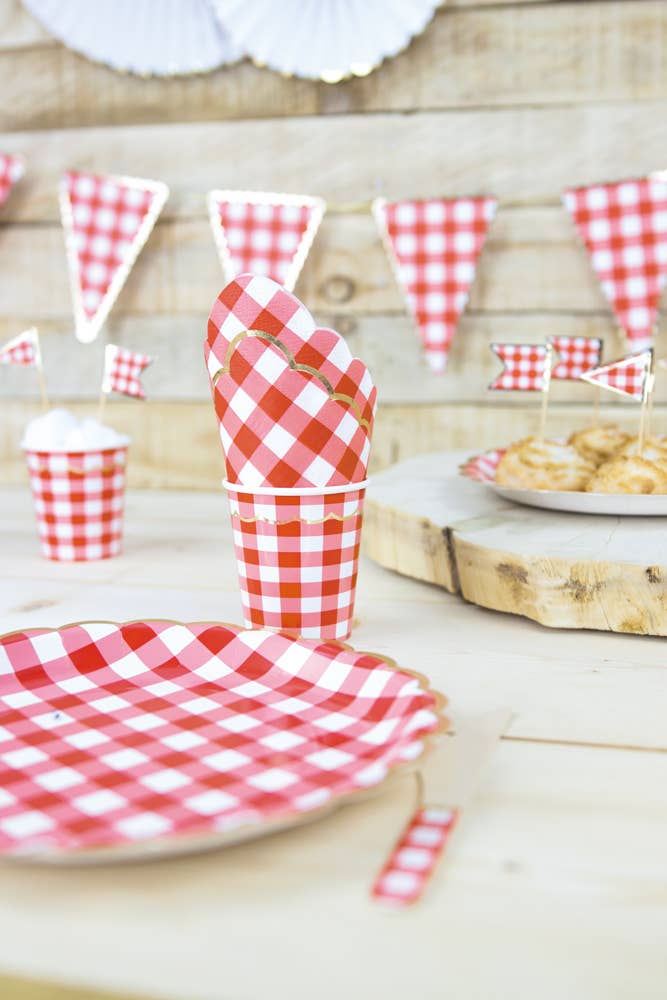 Scalloped red gingham plates 23 cm X 8